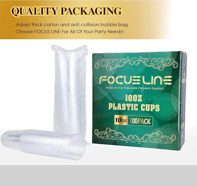 FOCUSLINE 100 Count 10 oz Clear Plastic Cups | Disposable Heavy Duty Hard - Image 7