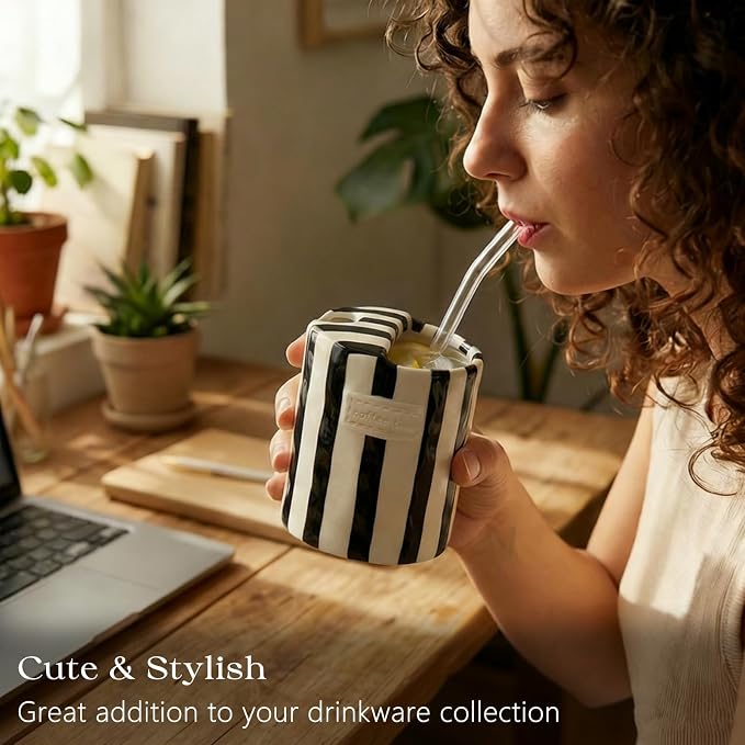 Ceramic Coffee Mug with Half Lid, 12oz To Go Coffee Mug, Handcrafted Striped - Image 9