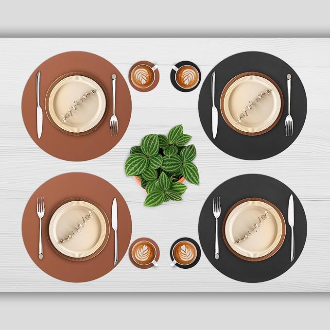 Myir JUN 15 Inches Round Placemats Set of 6 Faux Leather Place Mats | - Image 2