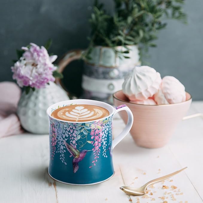 Spring Hummingbird Floral Coffee Mug, 12oz Dark Teal Ceramic Mug - Image 2