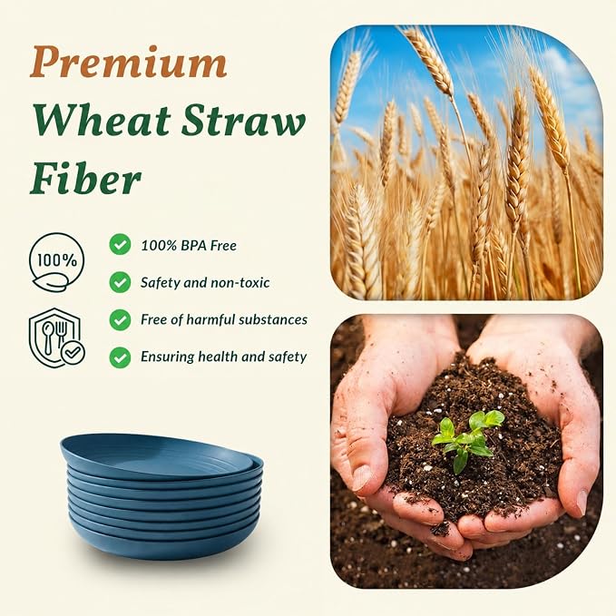 Unbreakable 8 Pcs Deep Dinner Plates Reusable Plastic Wheat Straw Plates Set - Image 3