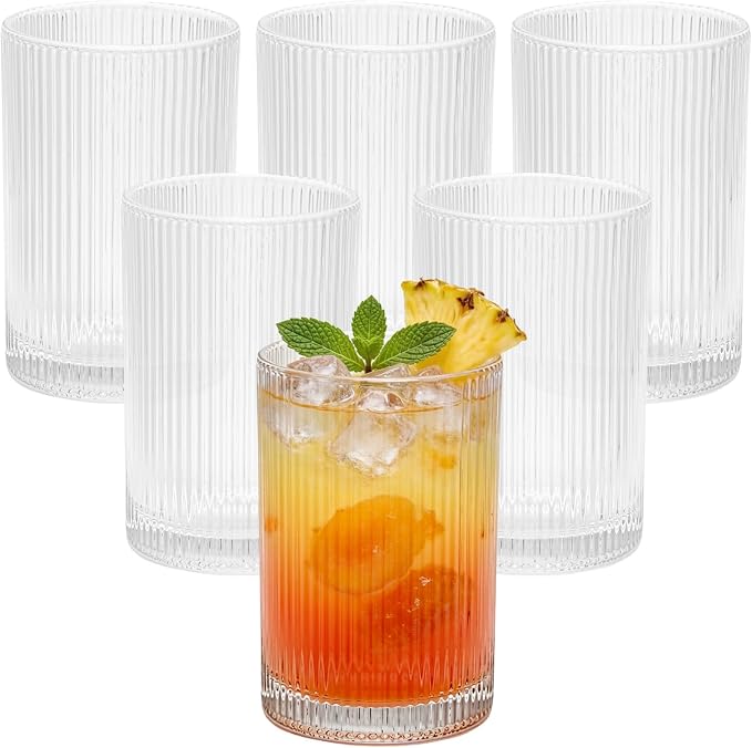 XKXKKE 18 oz Ribbed Drinking Glasses Set of 6, High Clear Vintage Iced Coffee by XKXKKE