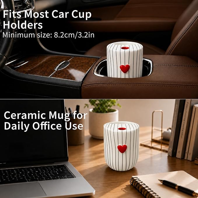 Ceramic Coffee Mug with Sip Hole, 12oz Striped Coffee Cup with Heart Accent - Image 4