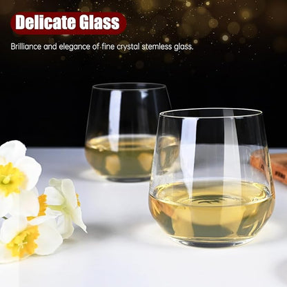 Chouggo Stemless Wine Glasses Set of 6, Hand Blown Premium Crystal Square Red White Wine Glass - Gifts for Women, Men, Wedding, Anniversary, Christmas, Birthday - 15Oz