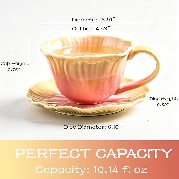 10 oz Tea Cups and Saucers, Flower-Shaped Ceramic Latte Art Cappuccino Cup and - Image 2