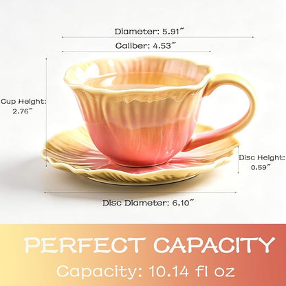 10 oz Tea Cups and Saucers, Flower-Shaped Ceramic Latte Art Cappuccino Cup and - Image 2