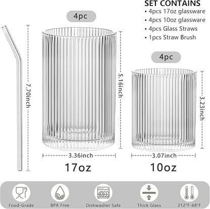INSETLAN Set of 8 Ribbed Glassware - 4 Large Glasses 17 oz, 4 Rocks Glass Cups 10 oz, Vintage Glassware Cocktail Glasses, Ideal for Beer, Juice, Water, Ice Coffee Cup, Whiskey, Mixed Drinkware
