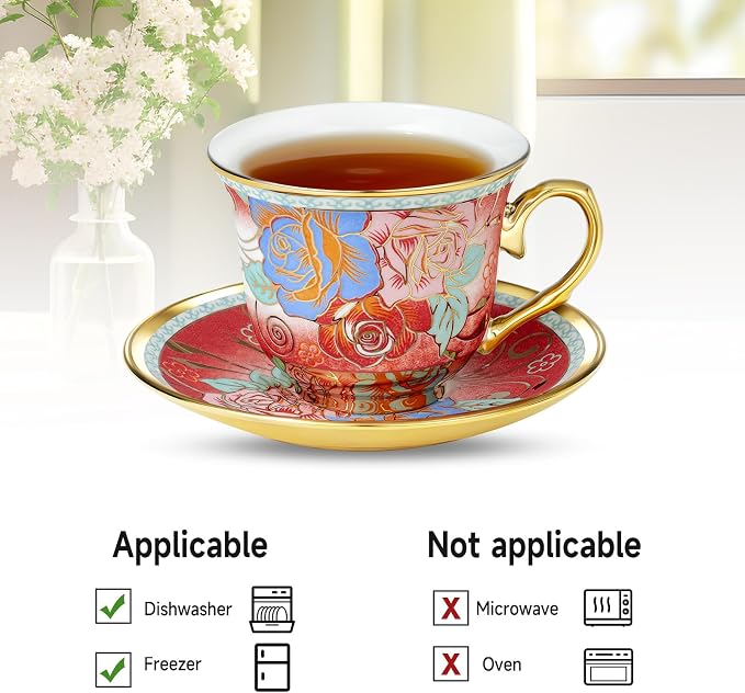 Tea Cups and Saucers, Tea Cup Set of 6, 8 OZ Floral Cups Porcelain Cup Set - Image 4