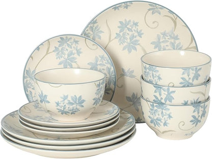 Gibson Home Admiral Hall 12-Piece Matte Stoneware Dinnerware Set – Dinner Plates, Salad Plates & Bowls with Blue Floral Pattern, Durable Everyday Dish Set, Microwave & Dishwasher Safe