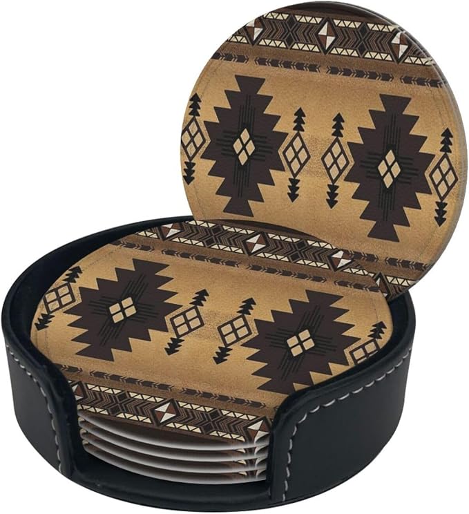 6 Pcs Brown Western Southwest Modern Geometric Abstract Art Leather Coasters - Image 3