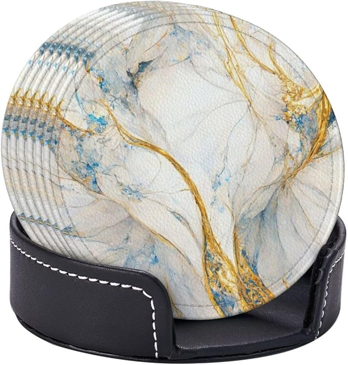 6 Pcs Abstract Luxury Blue Gold White Colors Marble Leather Coasters - Image 6