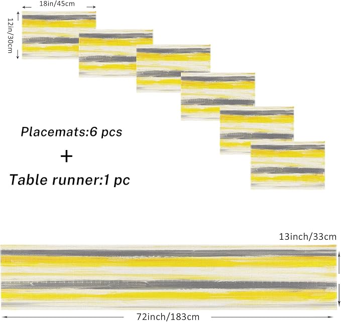Emvency Table Runner and Placemats Set of 6, Abstract Watercolor Yellow | Grey - Image 2