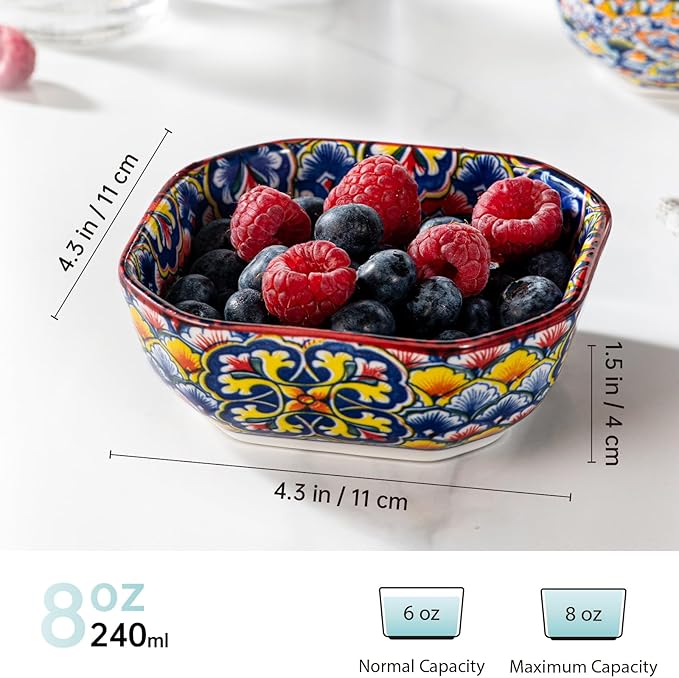 HENXFEN LEAD Boho Dipping Bowls – 8 oz Small Ceramic Snack Bowls, Square Soy Sauce Dish for Dips, Salsa, Side Dishes, Dessert – 4.3 Inch Appetizer Plates Set of 6