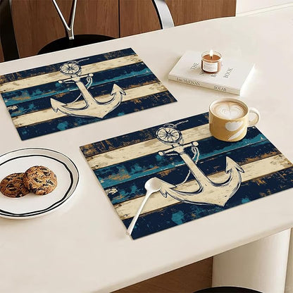 Nautical Placemats Set of 6, Coastal Anchor Place Mats, Rustic Beach Navy Blue Waterproof Washable Table Mats for Home Party Indoor Kitchen Dining Table Decoration 12x18 Inch