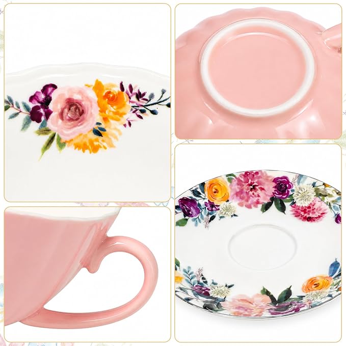 Lyellfe Set of 2 Tea Cup and Saucers, 8 Oz Floral Tea Cups - Image 3