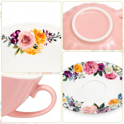 Lyellfe Set of 2 Tea Cup and Saucers, 8 Oz Floral Tea Cups - Image 3