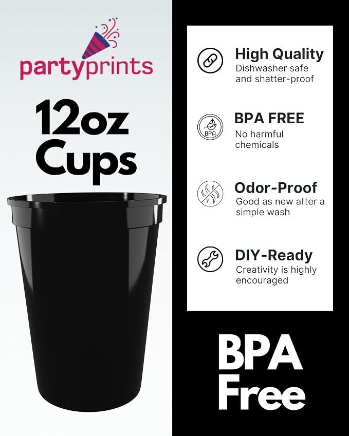 PartyPrints 10 Pack Small 10 to 12 oz Black Reusable Blank Plastic Cups - Image 3