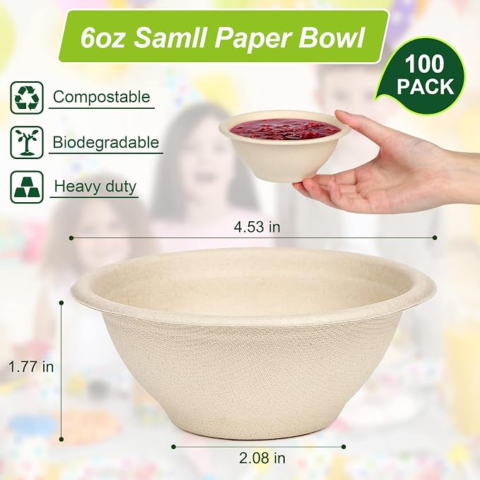 6oz Small Compostable Paper Bowls, 100 Pack Biodegradable Bagasse | - Image 7