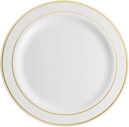 100 Piece Plastic Party Plates White Gold Rim, 50 Premium Heavy Duty 10.25 Inch - Image 2