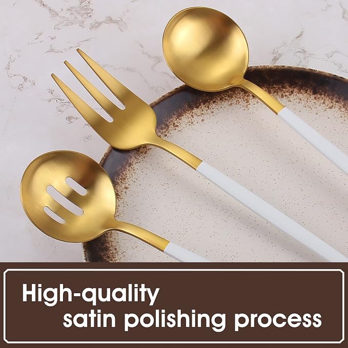 VANVRO Matte White Gold Serving Silverware Set, 5-Piece Round Shared Utensils - Image 4