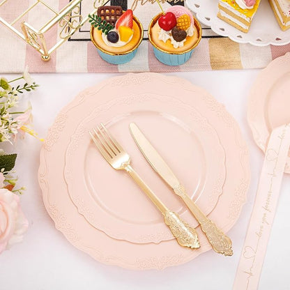 DaYammi 150Pcs Pink Plastic Plates & Gold Plastic Silverware,Pink Disposable Plates for Party Include 30 Dinner Plate,30 Dessert Plate,30 Gold Forks and 30 Spoons, 30 Knives for Wedding Bridal Shower