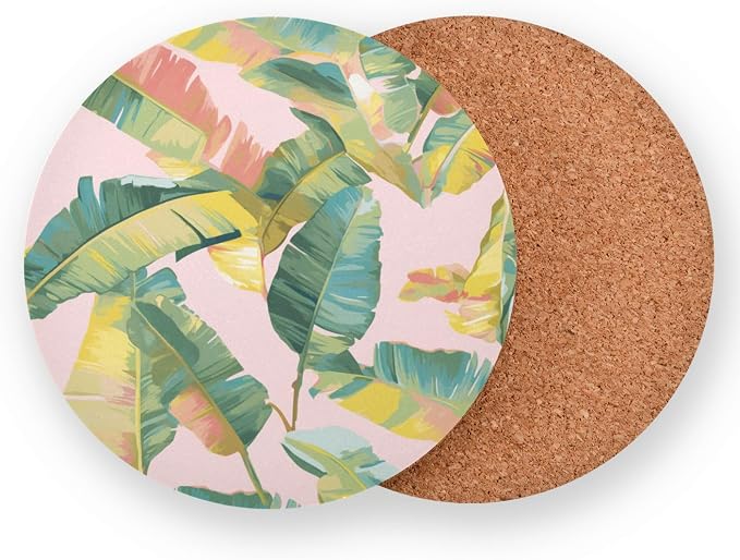 Tropical Banana Leaf Round Coaster 4 Pcs Cork Placemats Hot Pads - Image 2