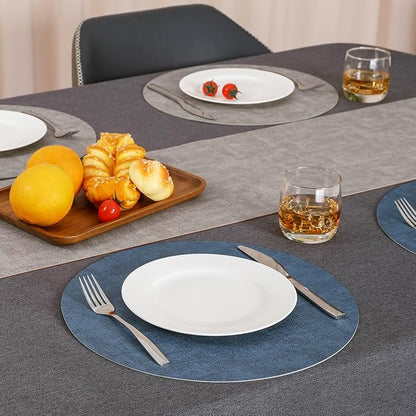 Myir JUN Reversible Vinyl Round Placemats Set of 6, Faux Leather Place Mats Dual Sided Waterproof Wipeable, Heat-Resistant Table Mats for Kitchen Dining Indoor Outdoor (14", Light Gray Navy Blue)