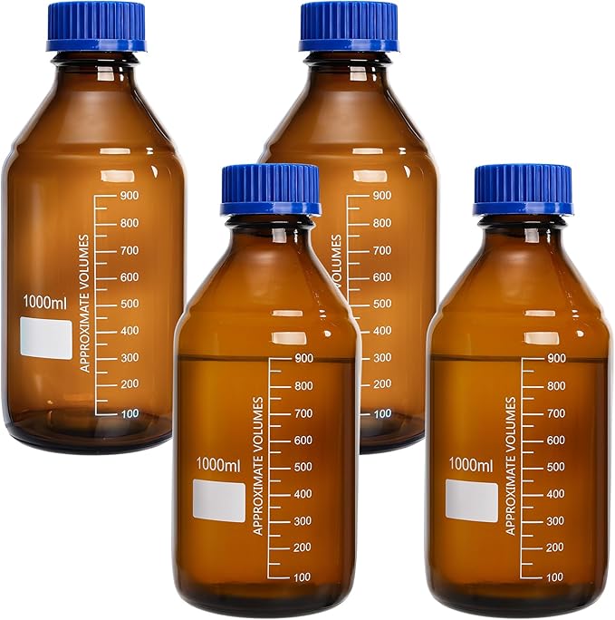 Yopay 4 Pack Media Storage Bottles, 1000 ml Amber Borosilicate Glass Graduated Bottles, Brown Leak Proof Round Scientific Container for Labs Water Reagent Liquids Classrooms or Home Use