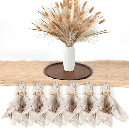 Table Centerpiece Set with Beige Cheesecloth Table Runner, 1 Round Wooden Candle Plate, 70 PCS Dried Pampas Grass Decor with White Vase, 6 Linen Napkins and Wooden Napkin Rings for Wedding Home Decor