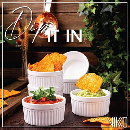 Vikko White Ramekin, Set of 6 Fine Porcelain Ramekins, Stackable 4 Inch Bowls, 7 Ounce Dips Dish, Dishwasher Safe