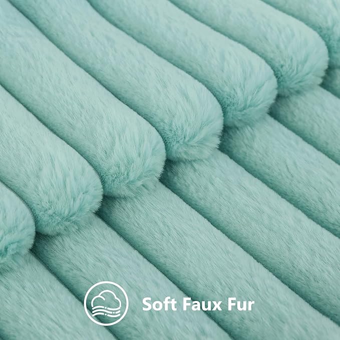 decorUhome Cozy Faux Fur Throw Pillow Covers 24x24 Set of 2 Decorative Soft Plush Striped Modern Farmhouse Boho Couch Euro Sham Pillow Cases with Velvet Back for Sofa Bed Living Room, Aqua