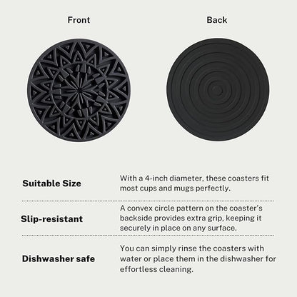 Set of 6 Black Silicone Coasters with Holder, Drink Coasters with Tribal Pattern Shape- for Table Protection, Anti Slip, Nonstick, Heat Resistant, Deep Tray