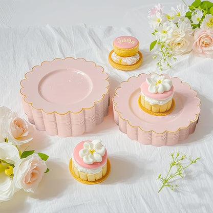 LIYH 100 Pcs 7.5" Pink Plastic Plates with Gold Disposable Pink Dessert Plates Gold Plastic Plate,Baby Shower Plate Set Suitable for Weddings Bridal Showers Afternoon Tea Valentine's Day Mother's Day