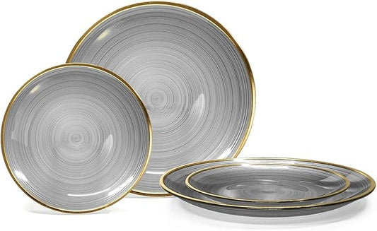 " OCCASIONS " 50 Plates Pack (25 Guests)-Wedding Party Disposable Plastic Plate Set -25 x 10'' Dinner + 25 x 7'' Salad & Dessert plates (Belize in Black & Gold)