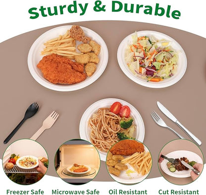 Aricsen 50 Pack 7 Inch Compostable Disposable Round Paper Plates, Natural White Biodegradable Sugarcane Bagasse PFAS-Free Eco-Friendly Dinner Plates for Party Wedding Picnic BBQ (50, 7 INCH)