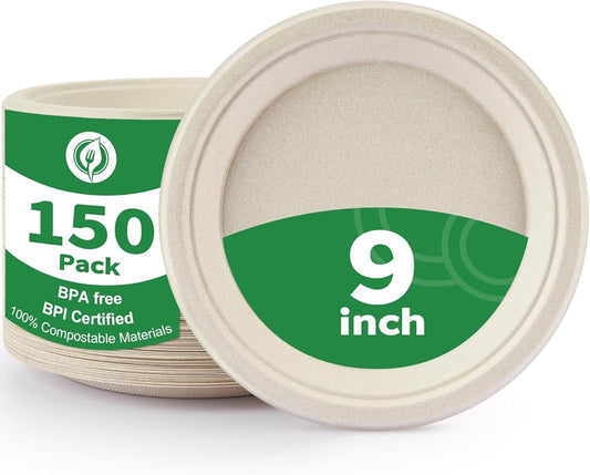 100% Compostable 9 Inch Paper Plates [150-Pack] - Heavy Duty Disposable Dinner Plates Made of Natural Bagasse, Biodegradable & Eco-Friendly for Parties, Wedding, Catering