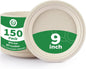 100% Compostable 9 Inch Paper Plates [150-Pack] - Heavy Duty Disposable Dinner Plates Made of Natural Bagasse, Biodegradable & Eco-Friendly for Parties, Wedding, Catering