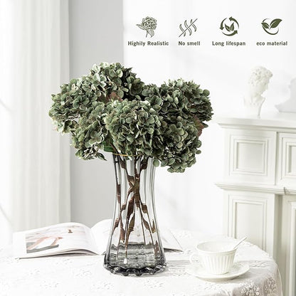 Hydrangea Artificial Flowers,Green Artificial Flower Fake Silk Hydrangea, Heads Bouquet with Stems Bulk for Fall Decoration Table Center Indoor Outdoor Faux Floral Plants 8pcs (Green)