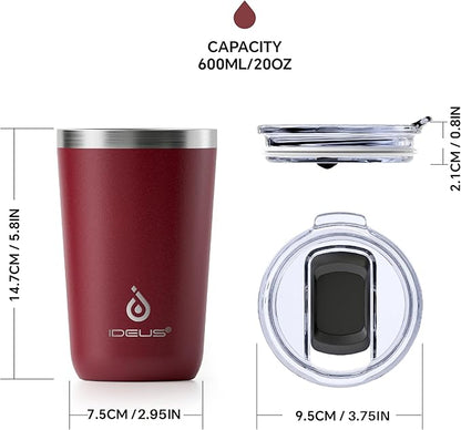Ideus 20 oz Tumbler, Travel Coffee Mug with Splash Proof Sliding Lid, Double Wall Stainless Steel Vacuum Insulated Coffee Mug for Home and Office, Keep Beverages Hot or Cold, Blood Red