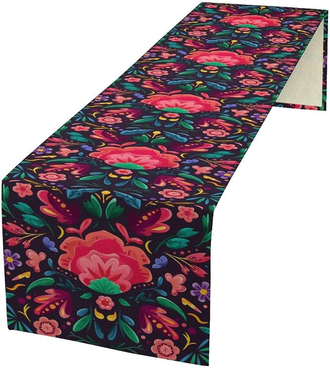 YCness Mexican Fiesta Table Runner Colorful Floral Plants Traditional Pattern - Image 2