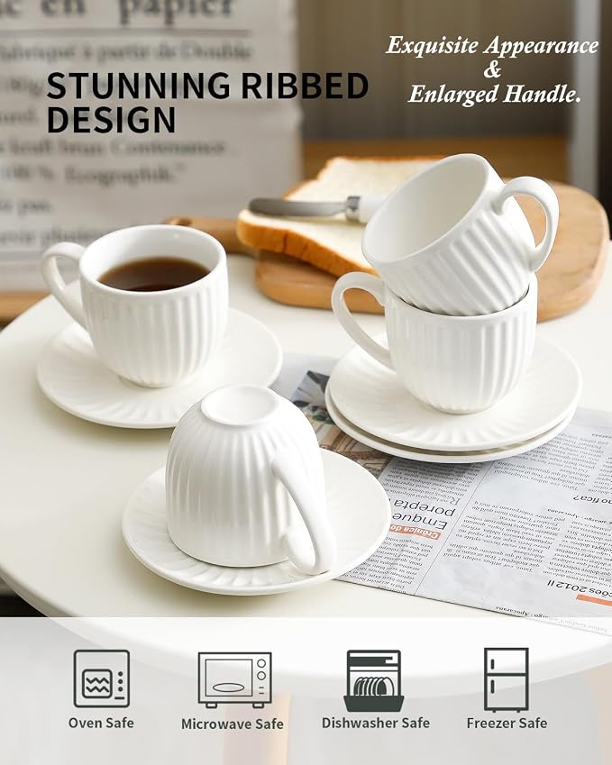 Hasense Porcelain Cappuccino Cups and Saucers Set of 4, Mugs Set - Image 4