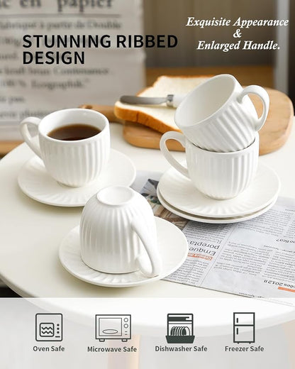 Hasense Porcelain Cappuccino Cups and Saucers Set of 4, Mugs Set - Image 4