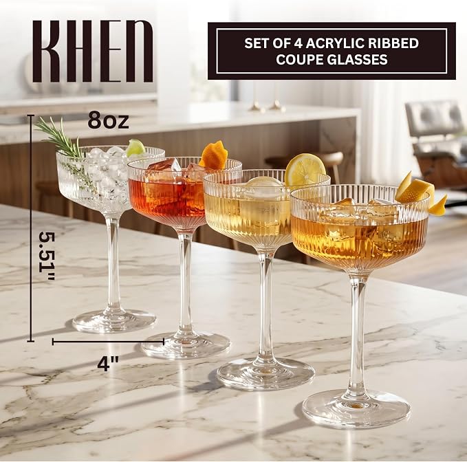 Khen Vintage Art Deco Shatterproof Coupe Martini Cocktail Glasses, 8 oz Clear - Image 2
