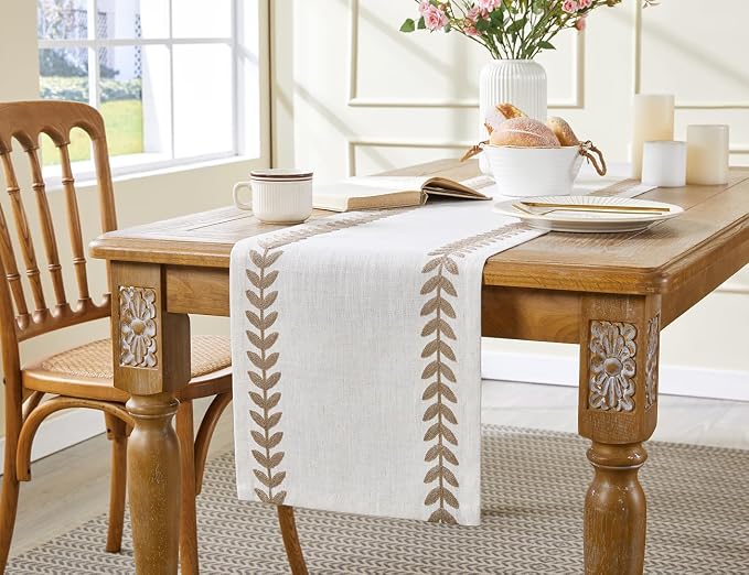 Linen Embroidered Table Runner, Taupe Table Runners 72 Inches Long | Linen - Image 7