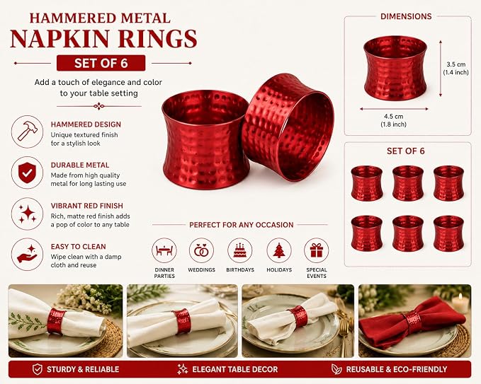 ITOS365 Red Napkin Rings Set of 6, Handmade Hammered Metal Napkin Ring Holders - Image 2
