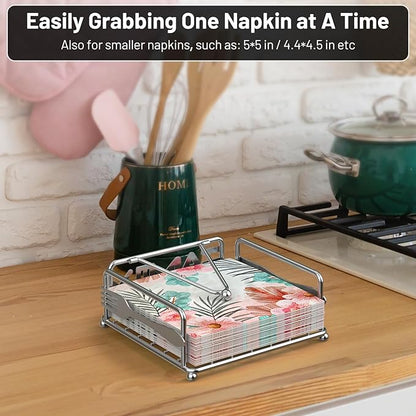 Napkin Holder for Table, Flat Napkin Dispenser with Weighted Arm, Square Cocktail Paper Holder of Elegant Rustic Iron for Kitchen Dining Room Decor Restaurant Farmhouse Hotel Party, Silver