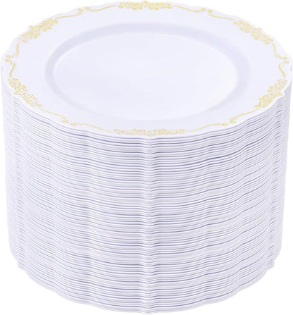DaYammi 60PCS White and Gold Plastic Plates, Gold Rim Plates Disposable Heavy Duty Disposable Plate Premium 10inch White Dinner Plate Hard Plastic Platos for Party Wedding Bridal Shower