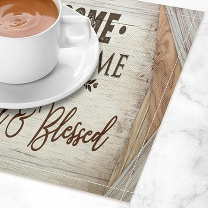 Vintage Farmhouse Placemat Set, Beige White Rustic Wooden Plank Patchwork Welcome Home Letter Inspirational Quotes Pattern Home Decor Linen Table Mats for Dining Room Kitchen Party (17x12in) x4P