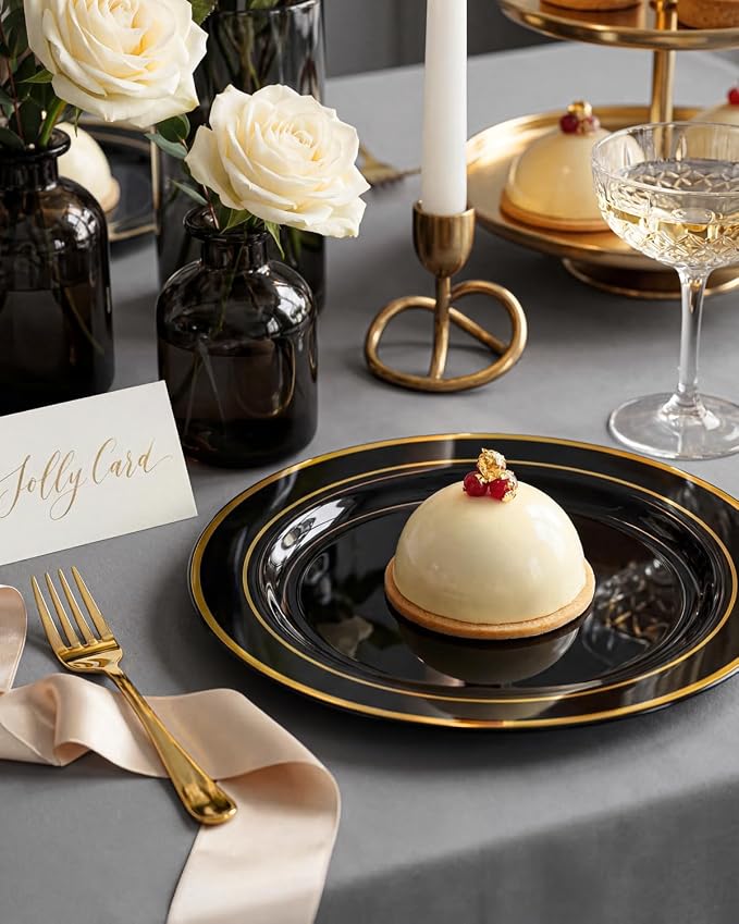bUCLA 100PCS Black and Gold Plastic Plates - Image 7