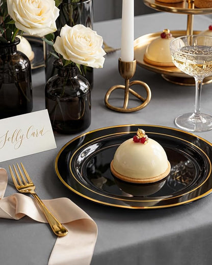 bUCLA 100PCS Black and Gold Plastic Plates - Image 7